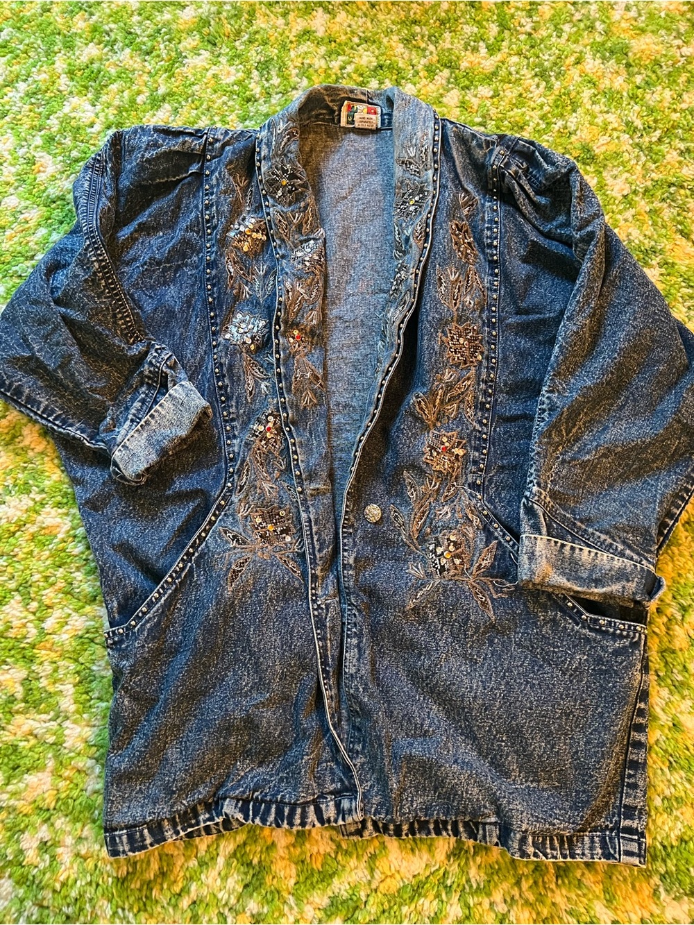 Vintage Denim Jacket with Floral Beading